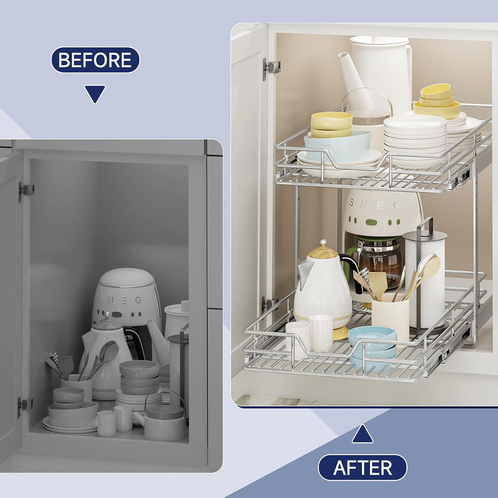2-Tier Pull Out Cabinet Organizer, 16.5" W x 21.5" D, Heavy Duty Du...