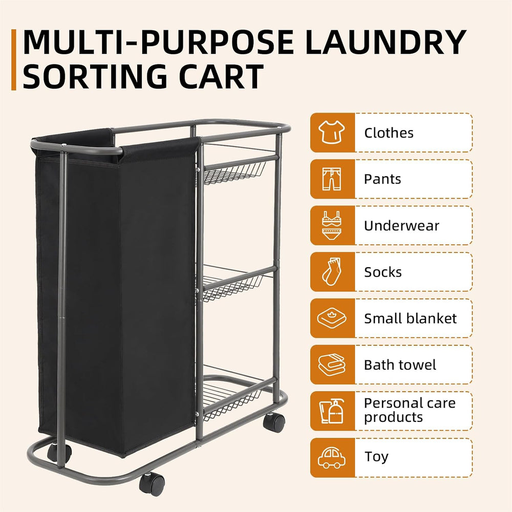 3-Tier Rolling Laundry Cart with Wheels and 45L Bag, Black