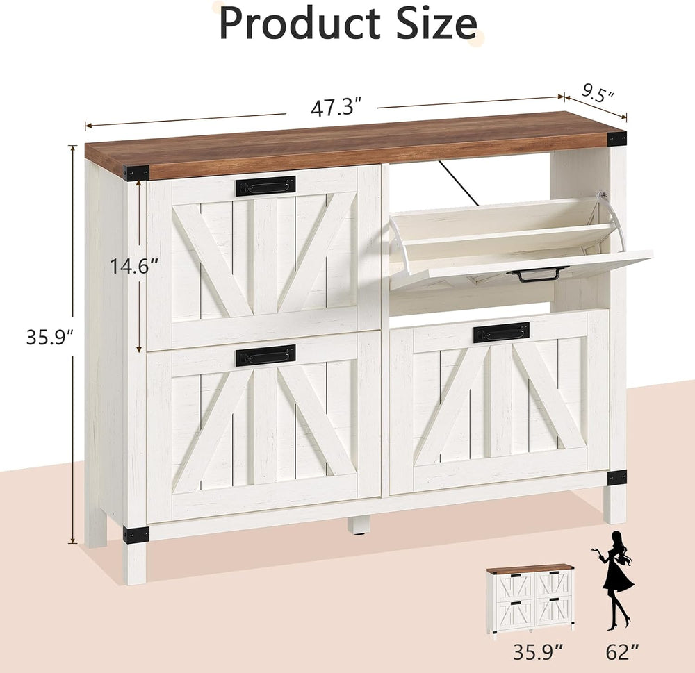 47" Farmhouse Shoe Cabinet with 4 Flip Drawers for Entryway, Hallway