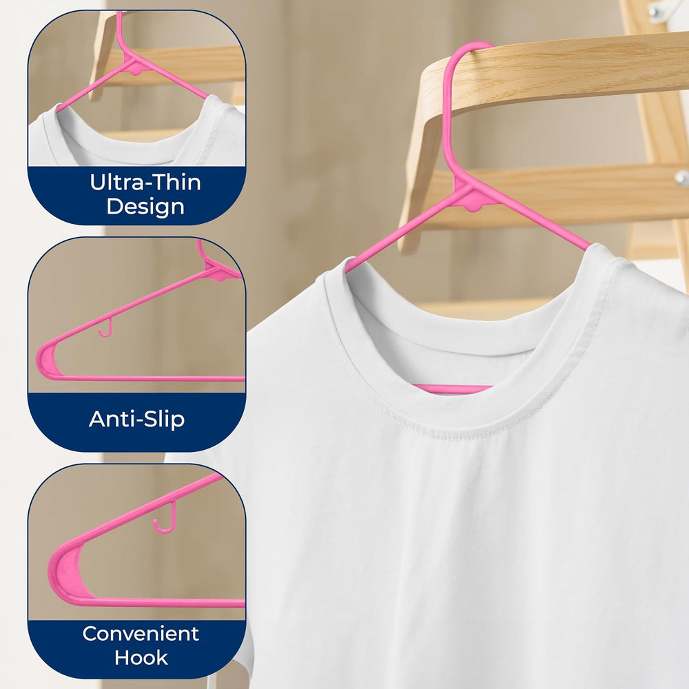 SereneLife 200 Pink Plastic Hangers Non-Slip Coat and Clothes Hanger Set Slim...