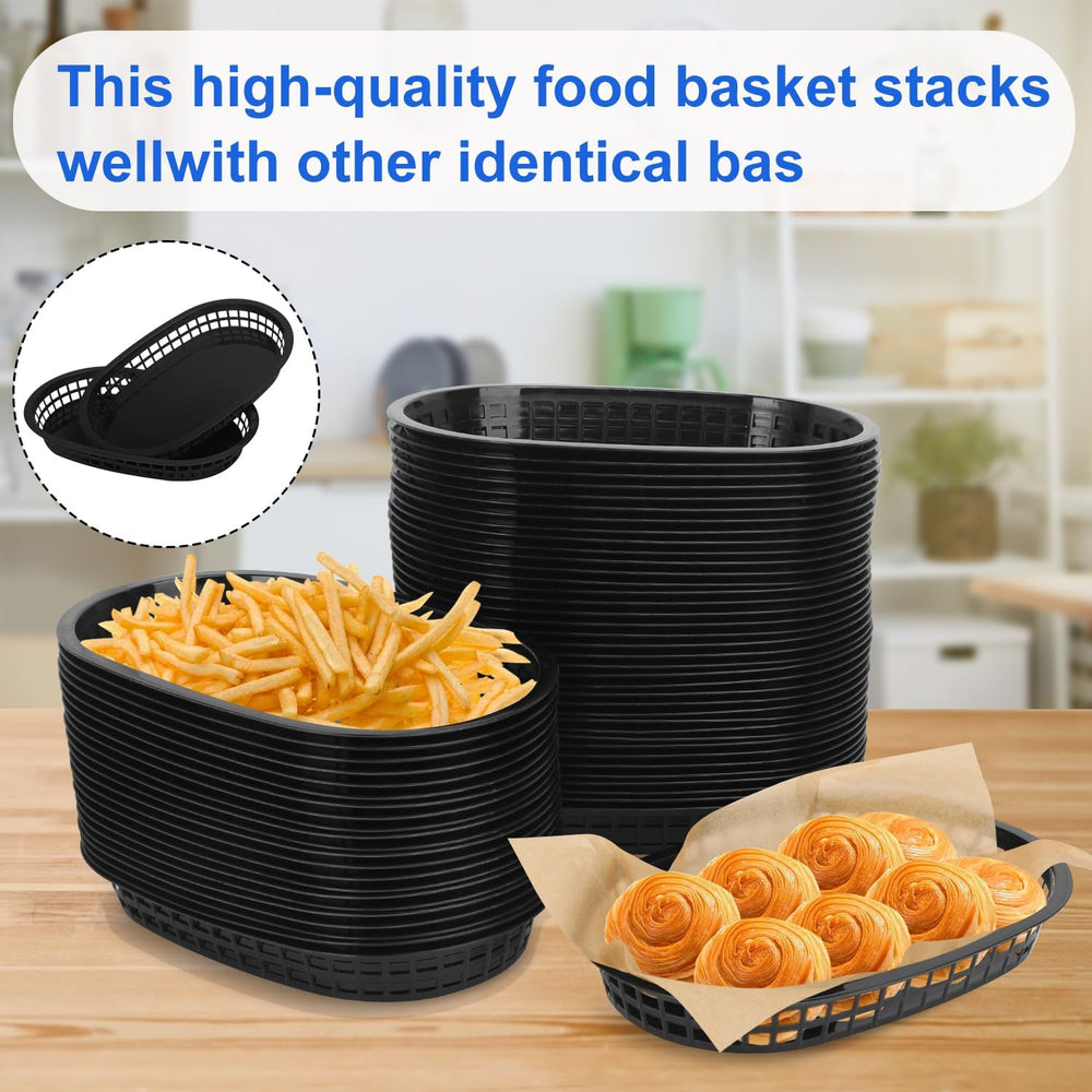 50 Pack Fast Food Baskets, 10.6 x 6.7 Inch Black Plastic food Baskets, Food S...