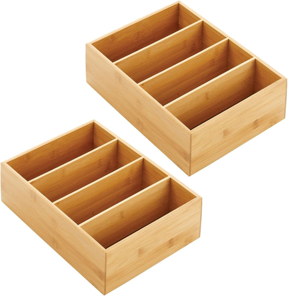 mDesign Bamboo Wood Food Storage Organizer Box, 4 Section, Divided Compartmen...