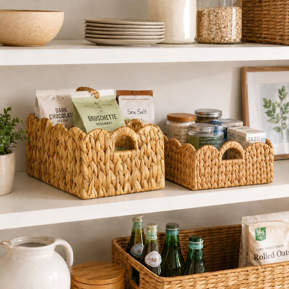 Scalloped Wicker Storage Baskets for Shelves Organize with Handles, 2-Pack