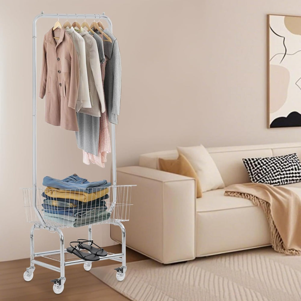 Laundry Cart with Hanging Rack, Metal Garment Organizer with Basket and Shelv...