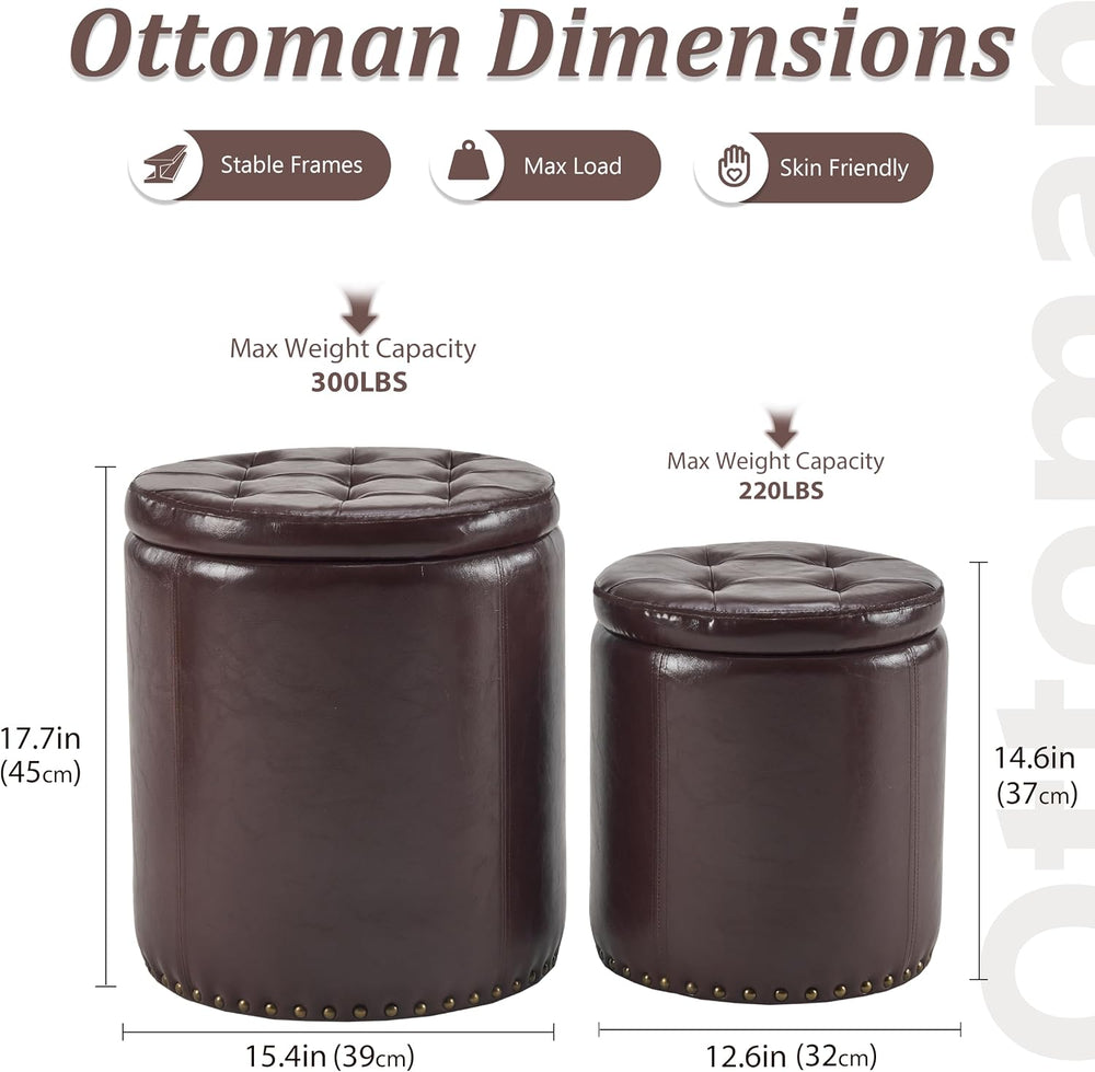 Royal Windsor Round Ottoman with Storage Set of 2, Faux Leather Button Tufted...