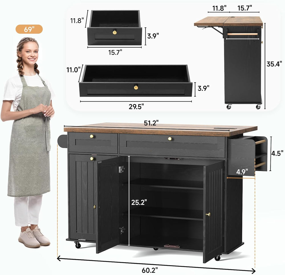 60" Kitchen Island with Drop Leaf & Trash Can Storage, Black