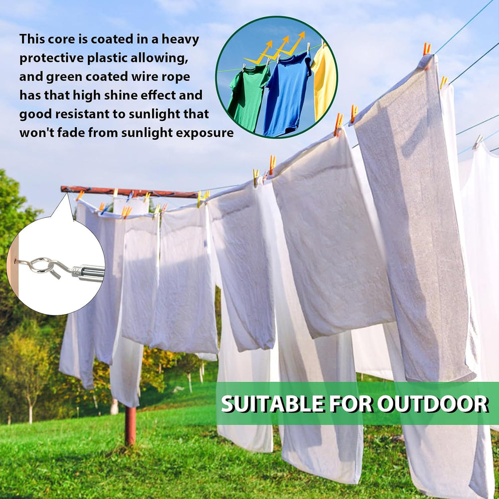 3/16" Clothes Line Outdoors, 100 ft PVC Coated Steel Cable Clip Kit