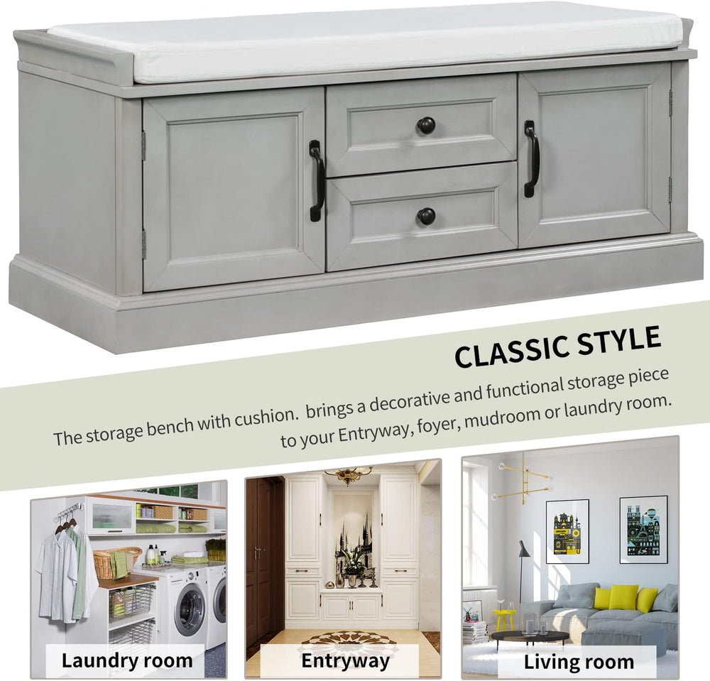 Knocbel 42.5" Storage Bench with Removable Cushion, 2 Drawers and 2 Cabi...