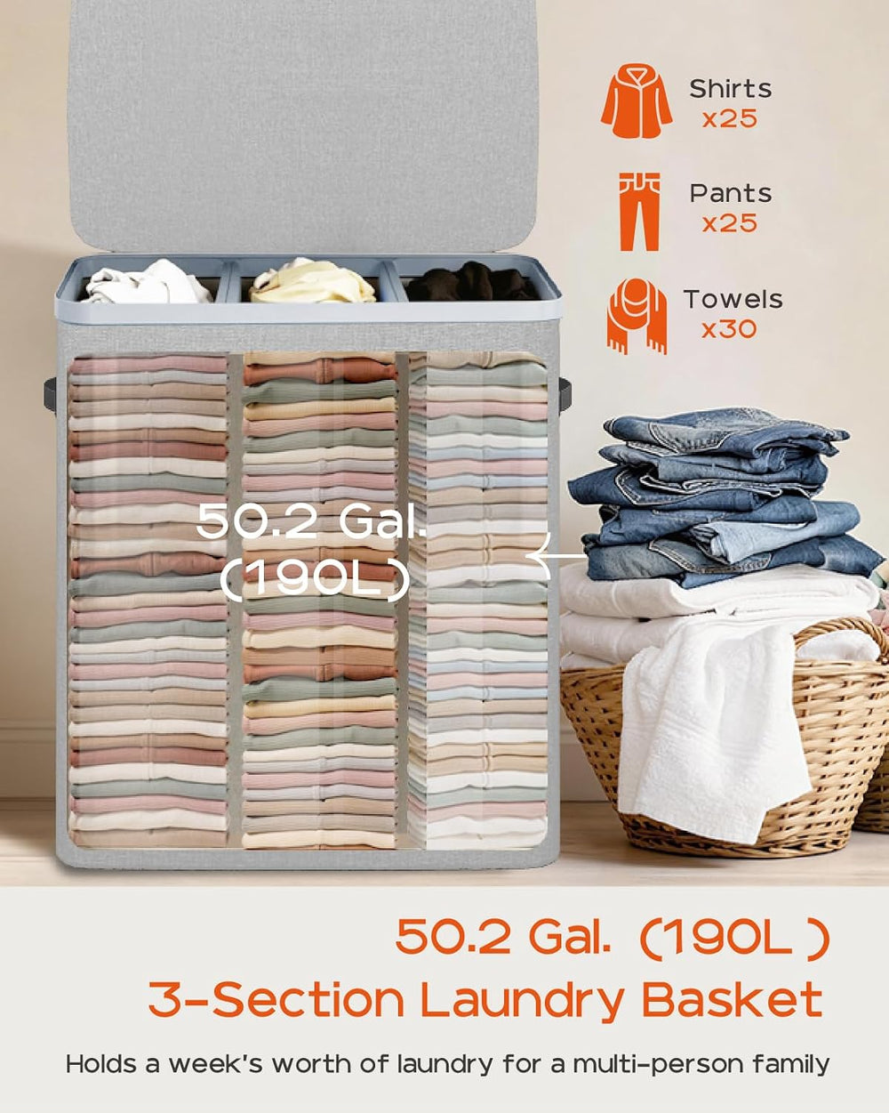 CASAMAYA Laundry Basket with Lid, Laundry Hamper 3 Section, 190L collapsible ...