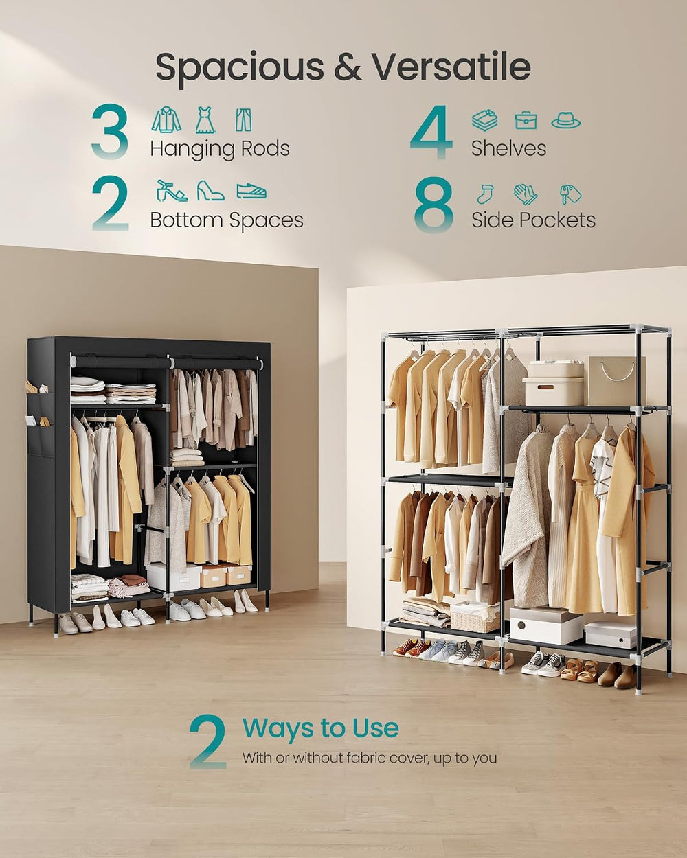 SONGMICS Portable Closet, Fabric Wardrobe, Clothes Rack with Shelves