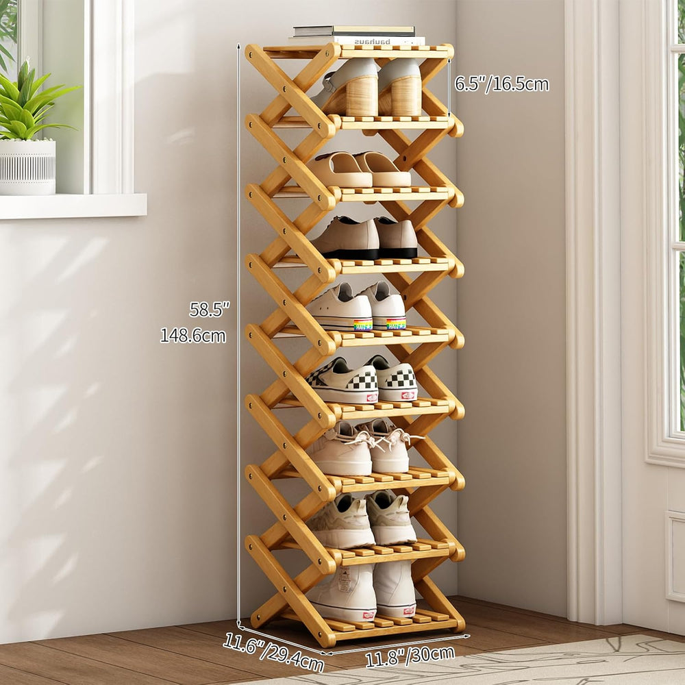 9 Tier Bamboo Shoe Rack, Foldable Narrow Organizer for Closet & Small Space