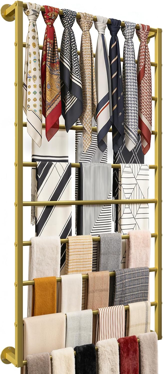 Wall Mounted Scarf Rack, Hijab Hanger Organizer (Gold, 10T-23.6×47.2IN)