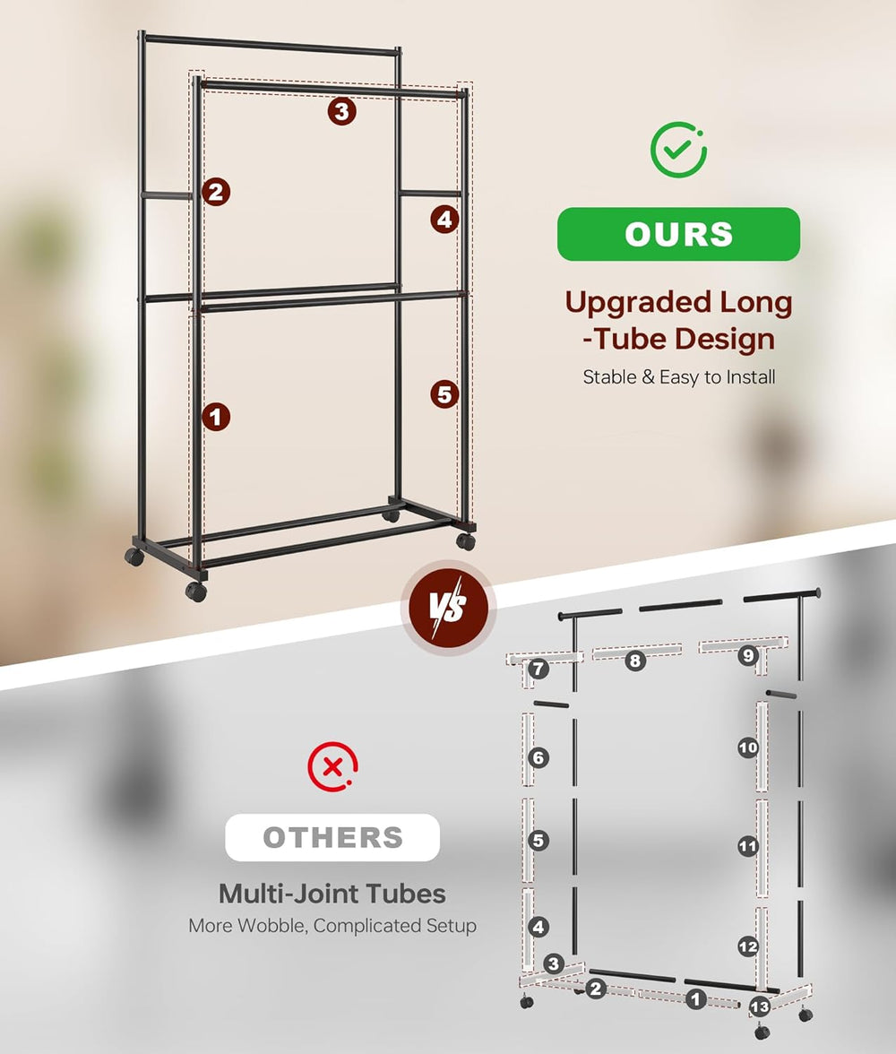 Clothes Rack - 36.2" x 21.3" x 72", 4-Bar Double Rod Rolling M...