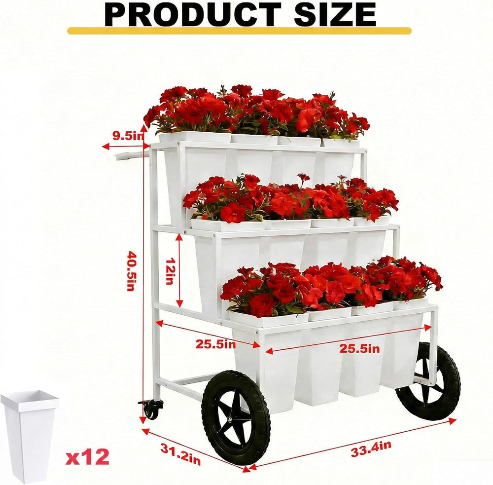 White3 Tier Metal Flower Cart Display Stand with Wheels, Mobile