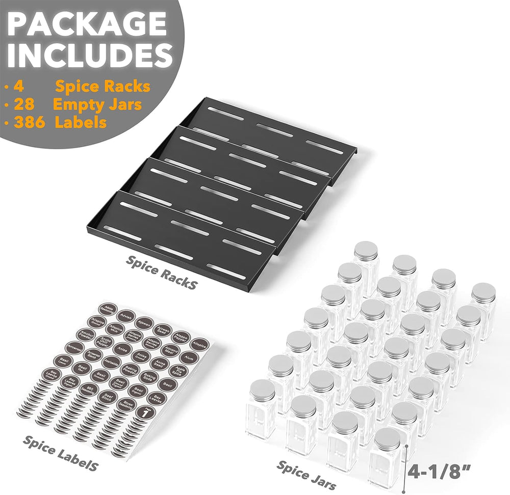 SpaceAid Spice Drawer Organizer with 28 Spice Jars, 386 Spice Labels, 4 Tier ...