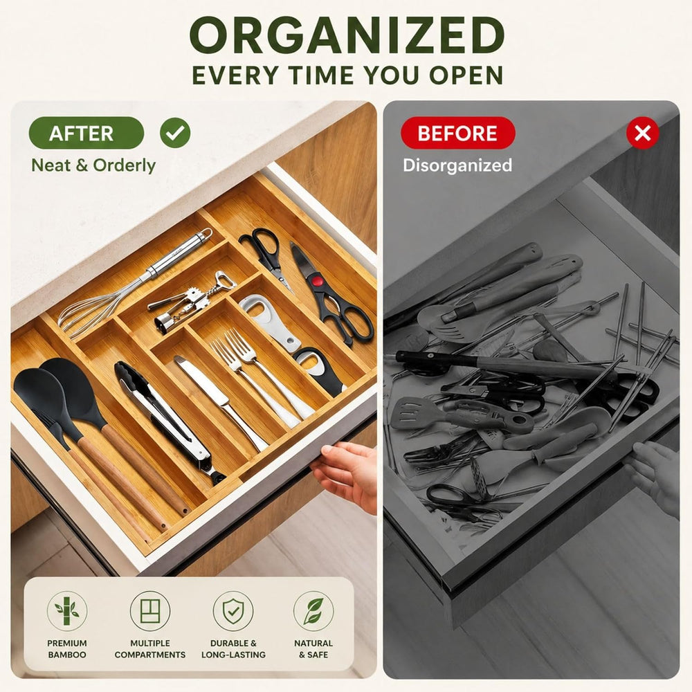 Bamboo Expandable Drawer Organizer for Utensils Holder, Adjustable Cutlery Tr...