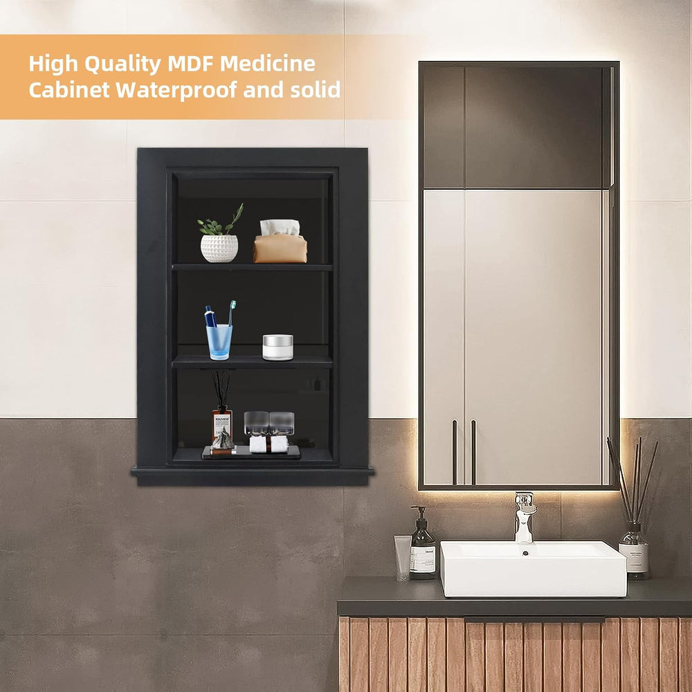 14 x 24 Recessed Medicine Cabinet, Black Bathroom Wall Cabinet, 3-Tier Wall N...