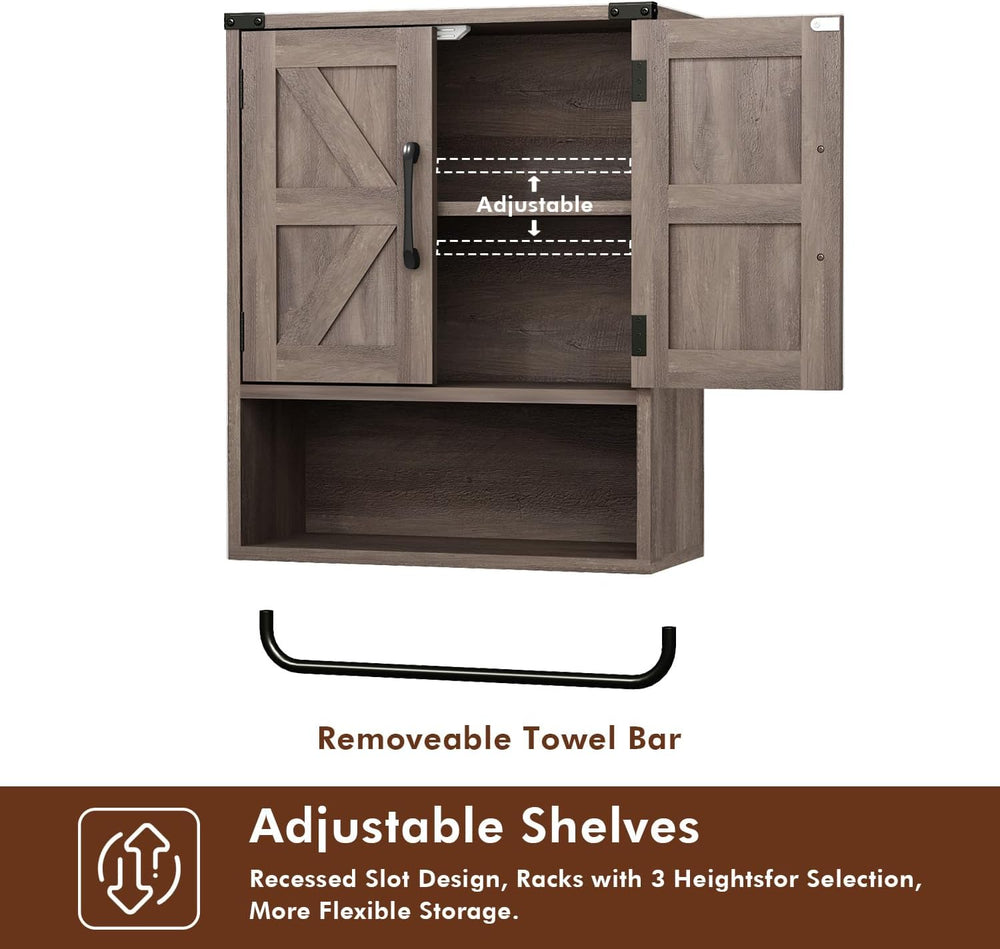 RUSTOWN Farmhouse Wall Storage Cabinet with 2 Barn Door & Towel Rack