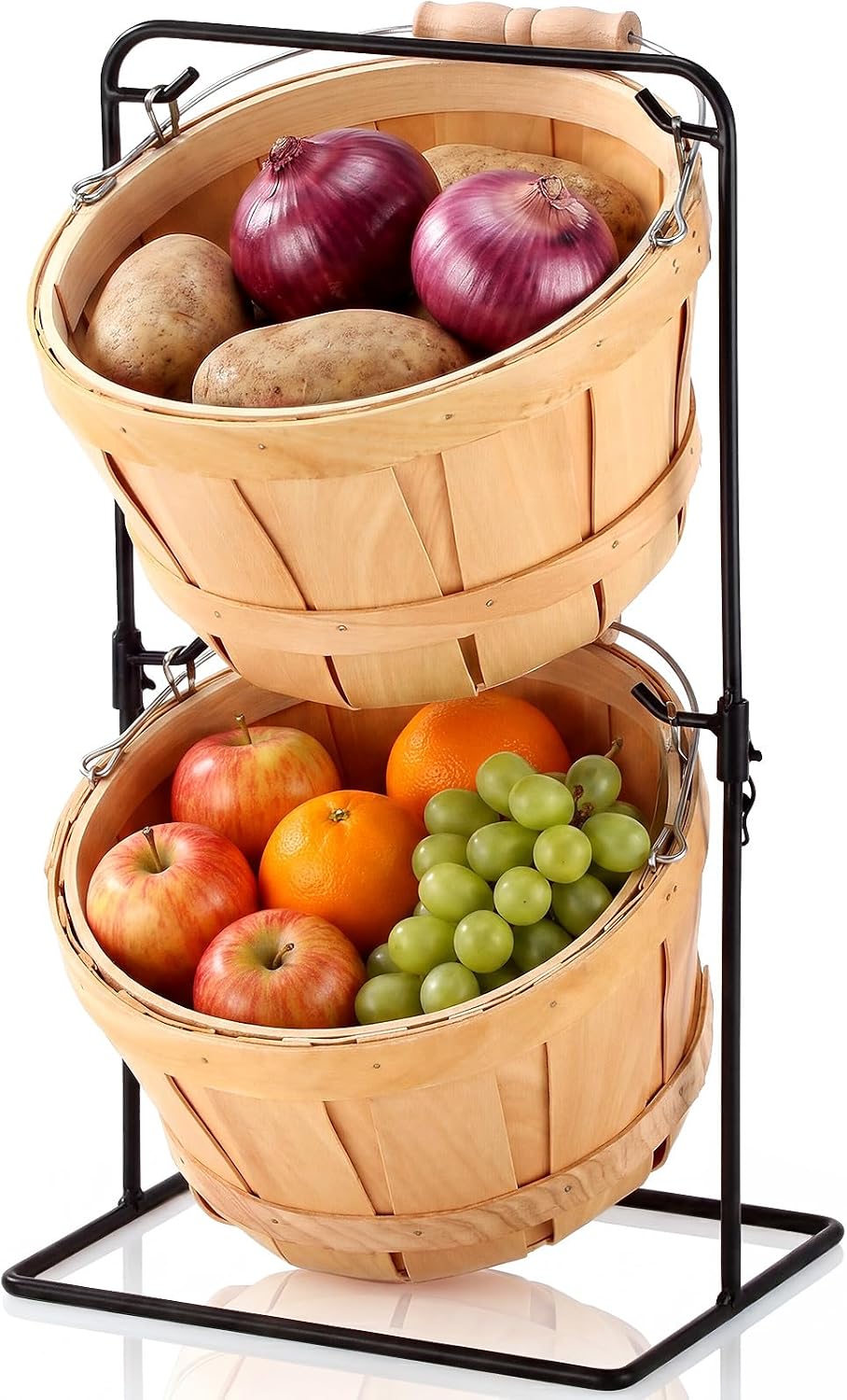 Novabright 2 Tier Wooden Fruit Basket with Metal Stand, Farmhouse Small Bushe...