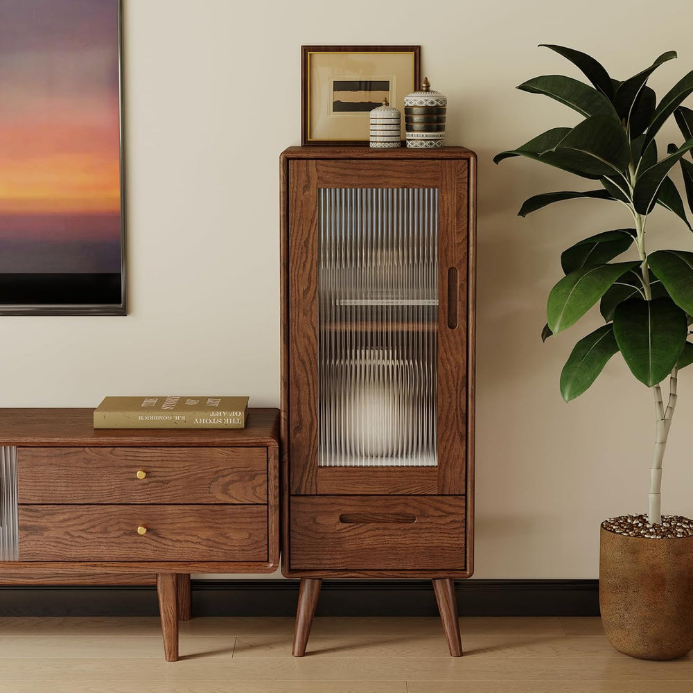 Narrow Display Cabinet with Glass Doors, Walnut