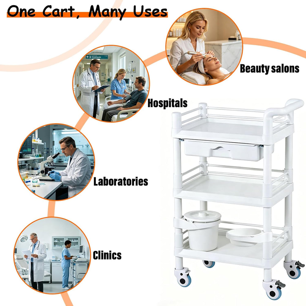 3-Tier Medical Mobile Trolley Cart, Rolling Esthetician Utility Cart