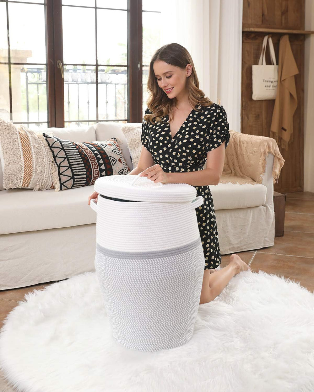26"x20" Extra Large Tall Woven Laundry Basket with Lid, Cotton Rope...