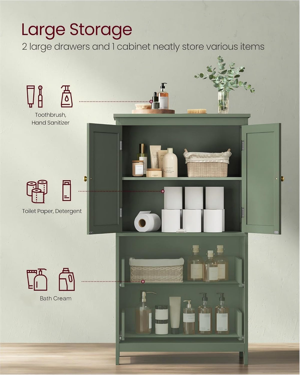 VASAGLE Bathroom Floor Cabinet, with 4 Doors, Forest Green