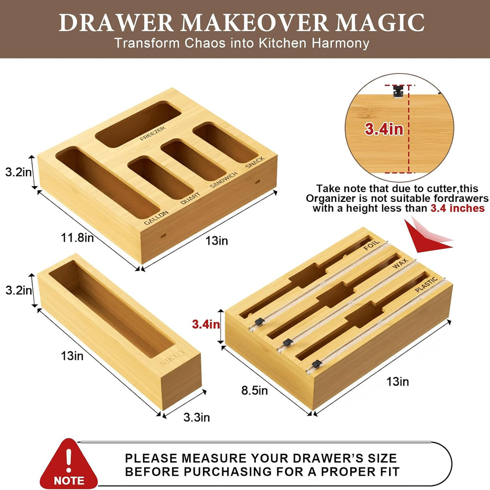 9 IN 1 Bamboo Foil and Plastic Wrap Organizer for Kitchen Drawer, Plastic Bag...