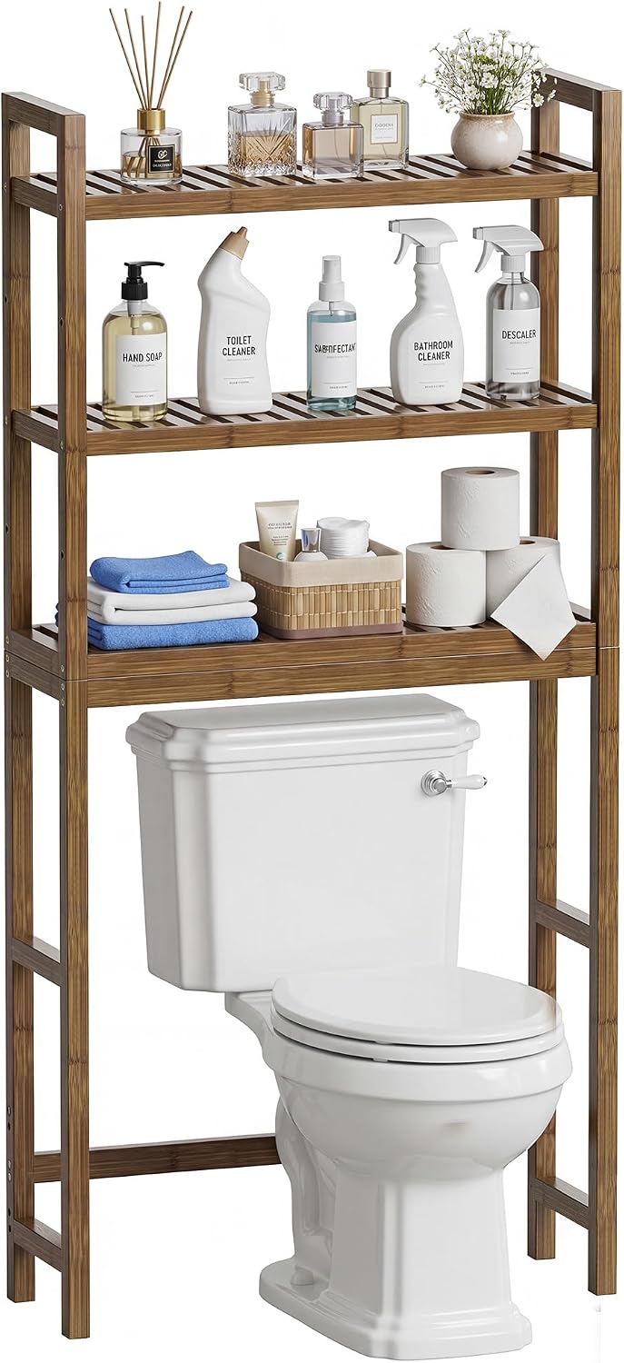 SMIBUY Bathroom Storage Shelf, Bamboo Over-The-Toilet Organizer Rack, Freesta...