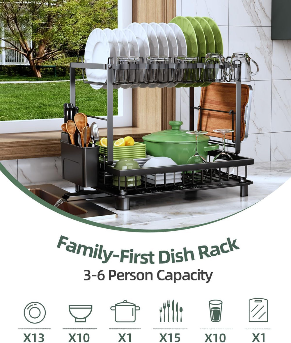 2-Tier Dish Drying Rack for Kitchen Counter, Space-Saving, Black