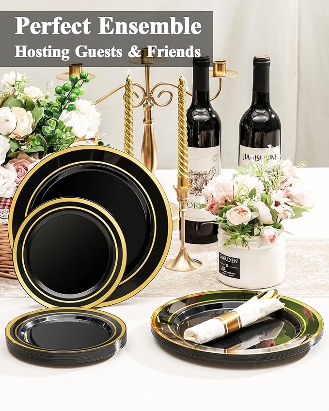 200PCS Black Plastic Plates Set with Gold Rim, 100 10.25 inch Dinner Plates a...