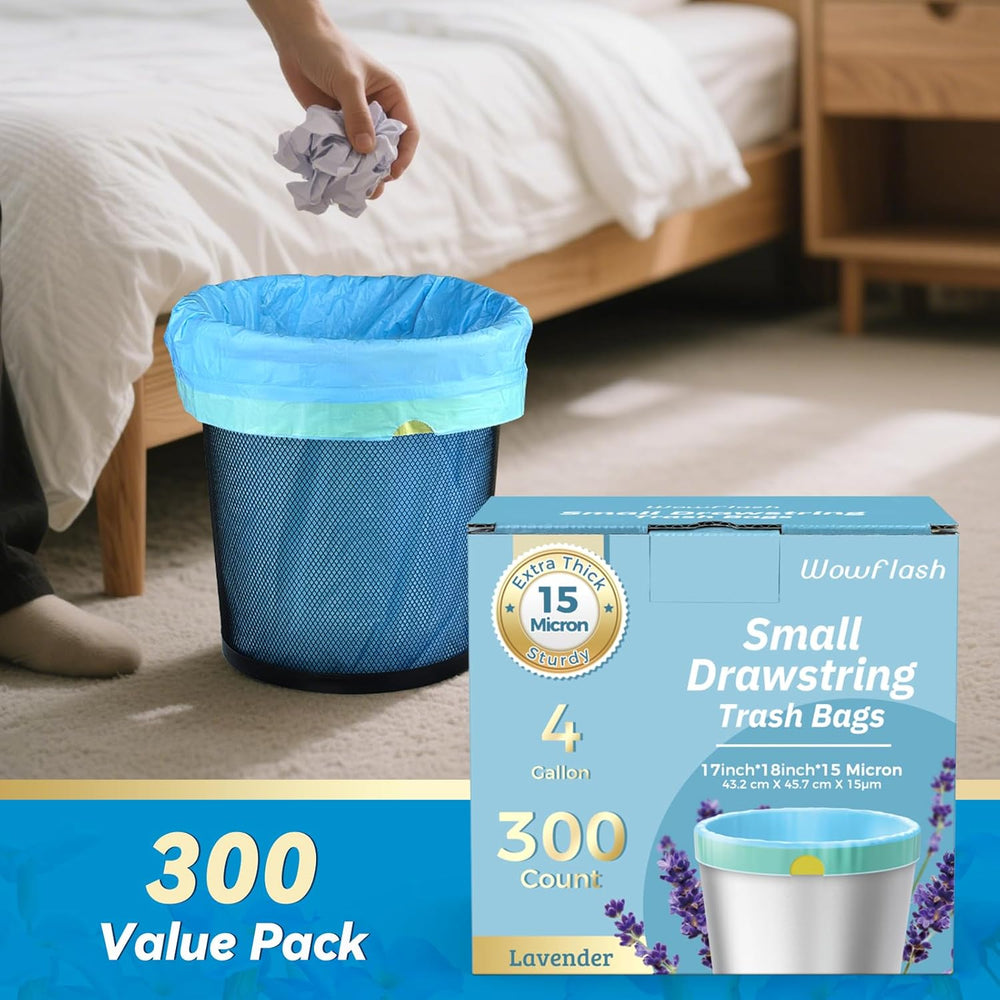 300 Count 15 Micron Extra Thick 4 Gallon Drawstring Small Trash Bags