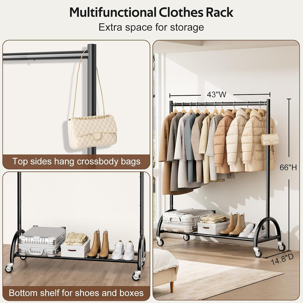 MISSLO Heavy Duty Clothing Rack with Wheels Rolling Clothes Racks for Hanging...