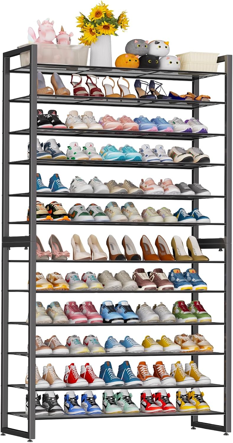 Simple Trending 12 Tier Shoe Rack, Sturdy Tall Shoe Organizer, Black