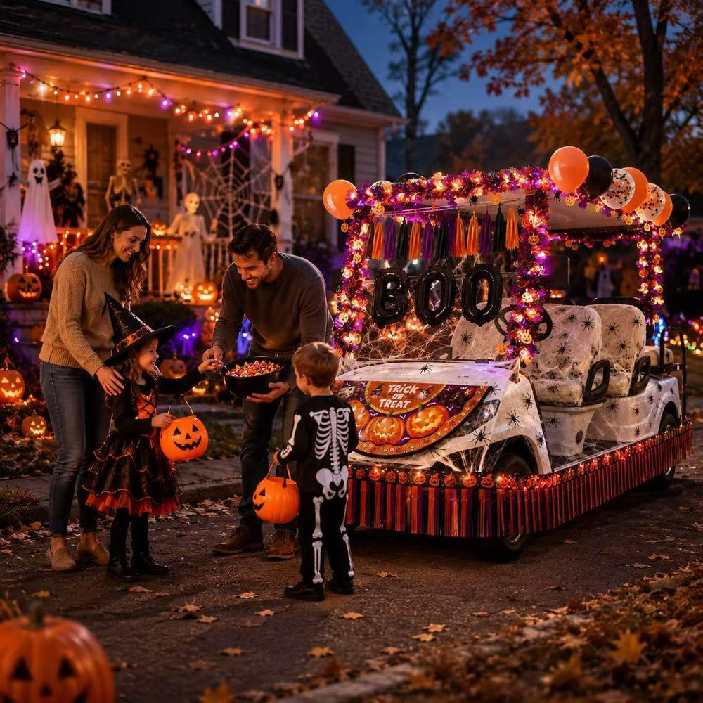 Halloween Golf Cart Decorations with Nightlight Strip Spider Web Bat Tassel