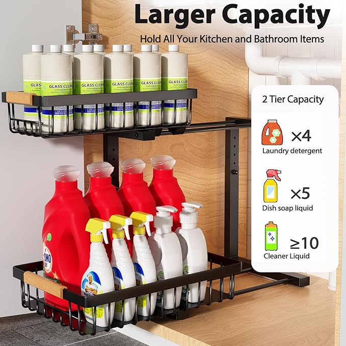 Under Sink Organizer Storage 2 Pack, 2 Tier Slide Out Height Adjustable Pull