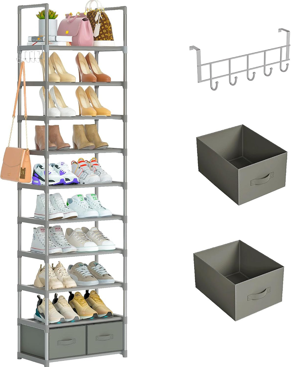 OYREL Tall Shoe Rack Narrow 10 Tier Shoes Rack 20 25 Pairs + 2 Boxes 1 Hook