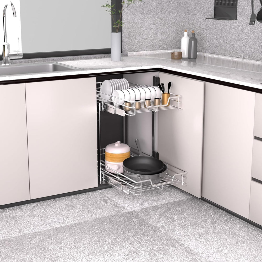 EZKAZA Pull Out Cabinet Organizer 17.5" W x 21" D, 2-Tier Kitchen C...