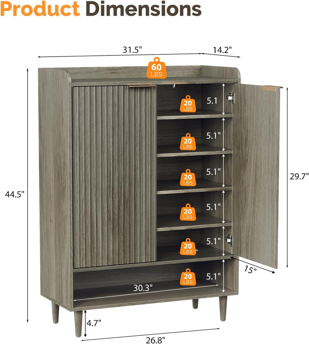 VINGLI Shoe Cabinet with Fluted Doors, 6 Tier Large Wooden Entryway Shoe Stor...