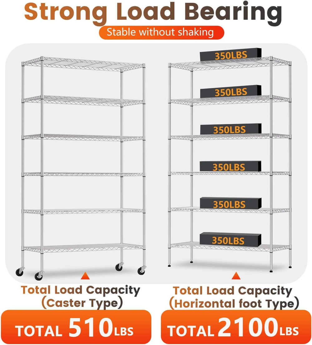 BestOffice | 6-Tier Wire Storage Shelves with Wheels | 18x45x82 | Chrome | Ad...