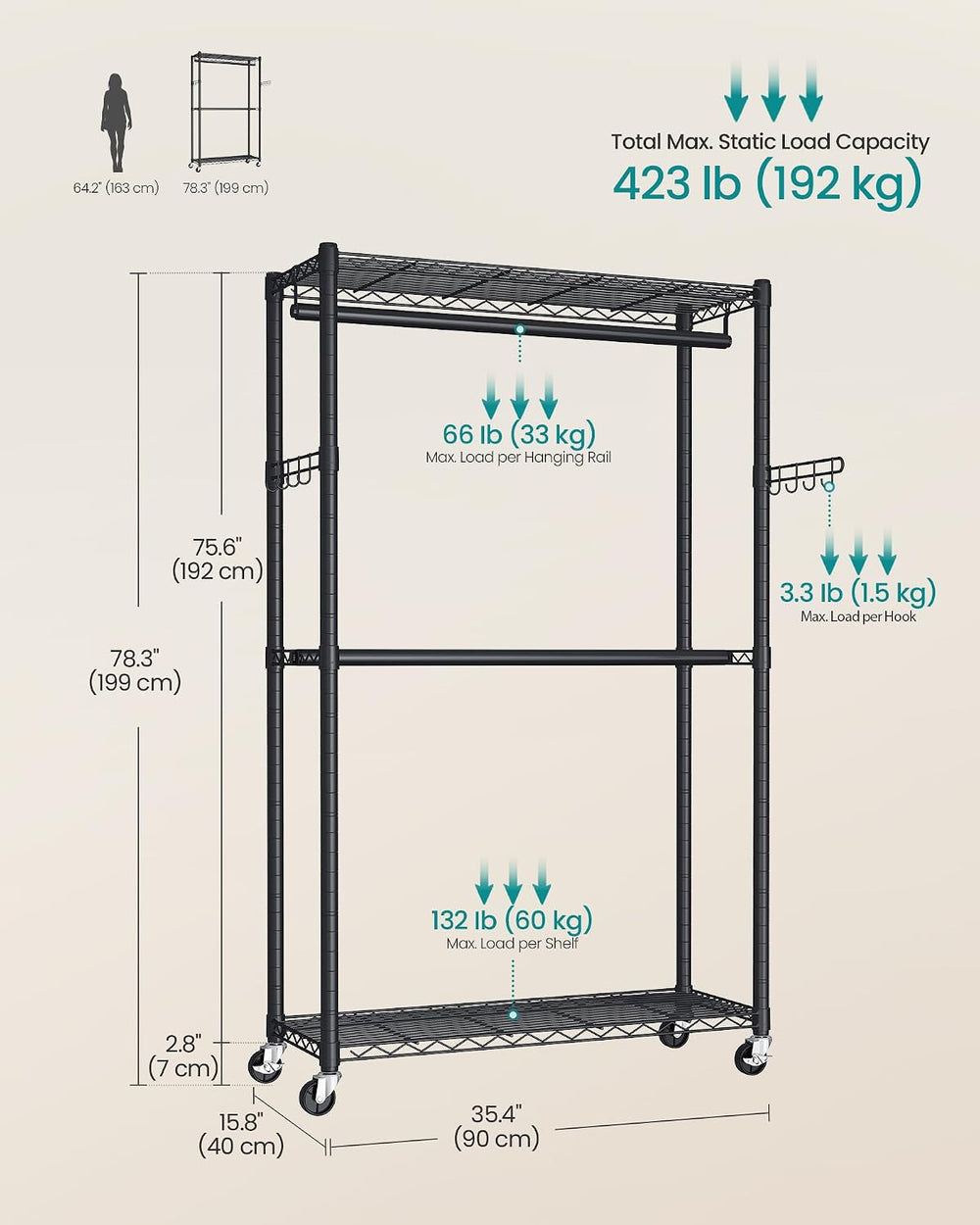 SONGMICS Heavy-Duty Clothes Rack, Portable Closet on Wheels, Garment Rack