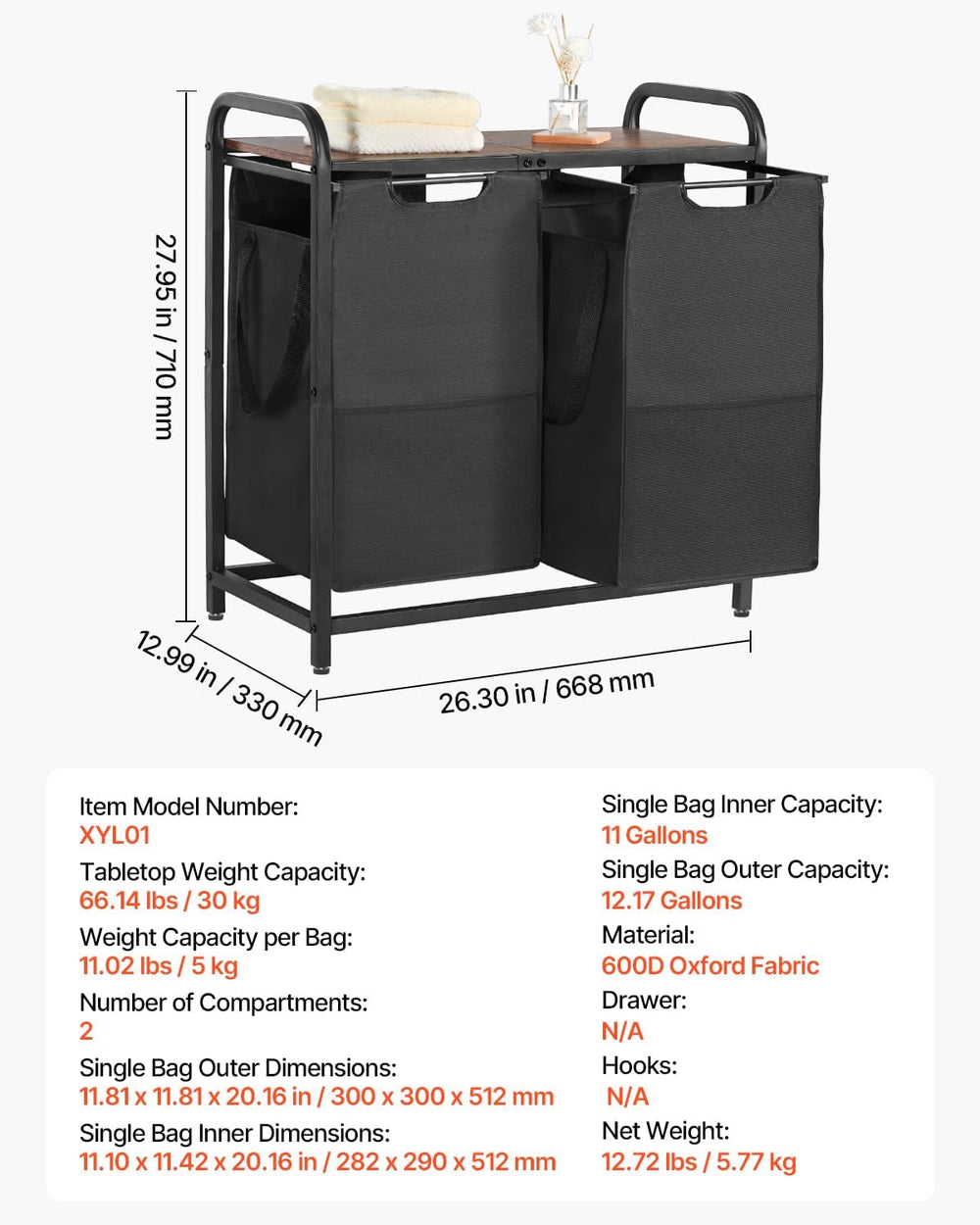 VEVOR 2 Section Laundry Sorter, Large Laundry Hamper with Metal Frame and Woo...