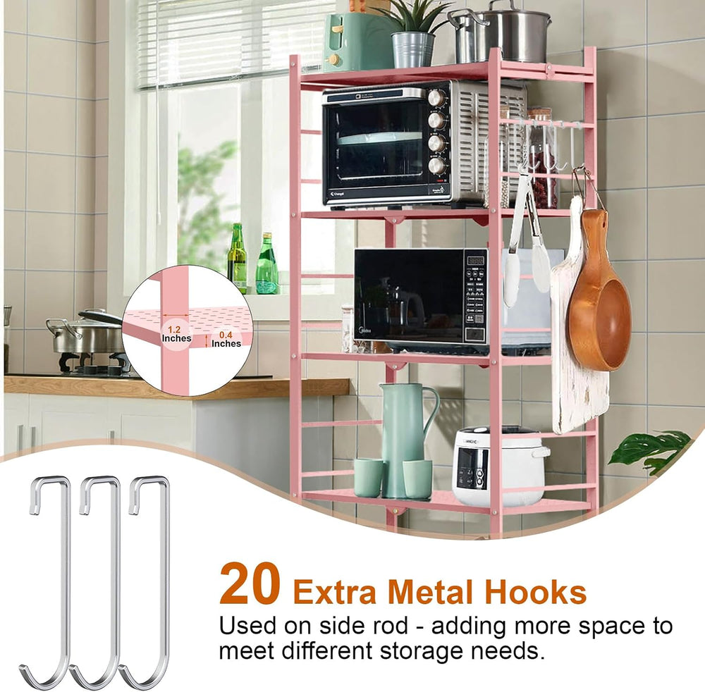 5-Tier Folding Storage Shelves with 20 Hooks Wheels Home Pink