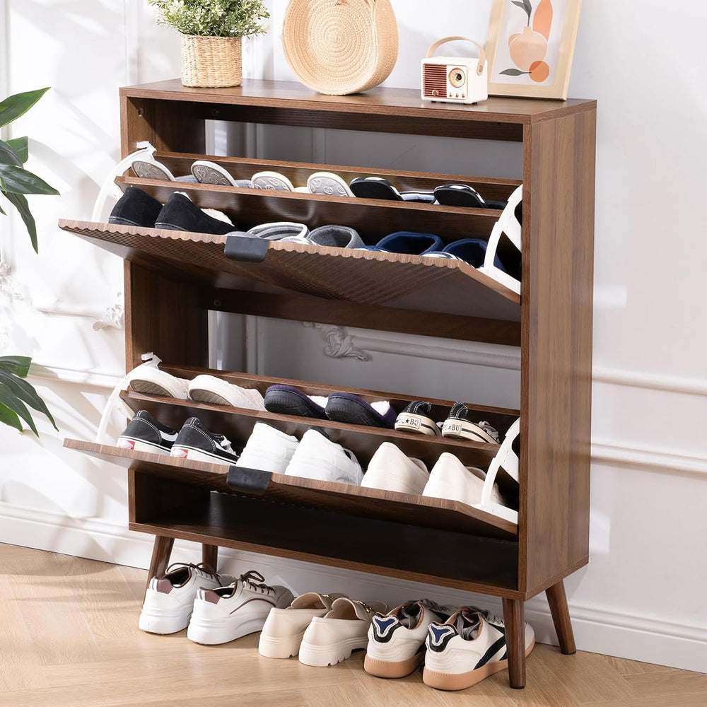Shoe Cabinet Storage, Farmhouse Freestanding Organizer with 2 Flip Drawers