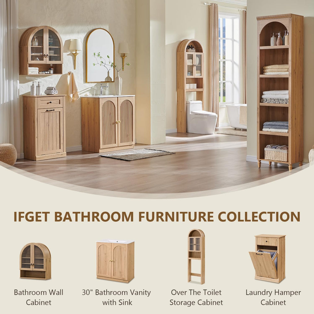 IFGET Arched Over The Toilet Storage Cabinet with Acrylic Doors,Natural Oak