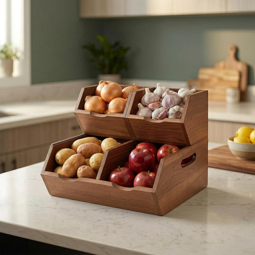 Acacia Pantry Storage Bins Set of 3, Stackable Potato Onion Wood Baskets