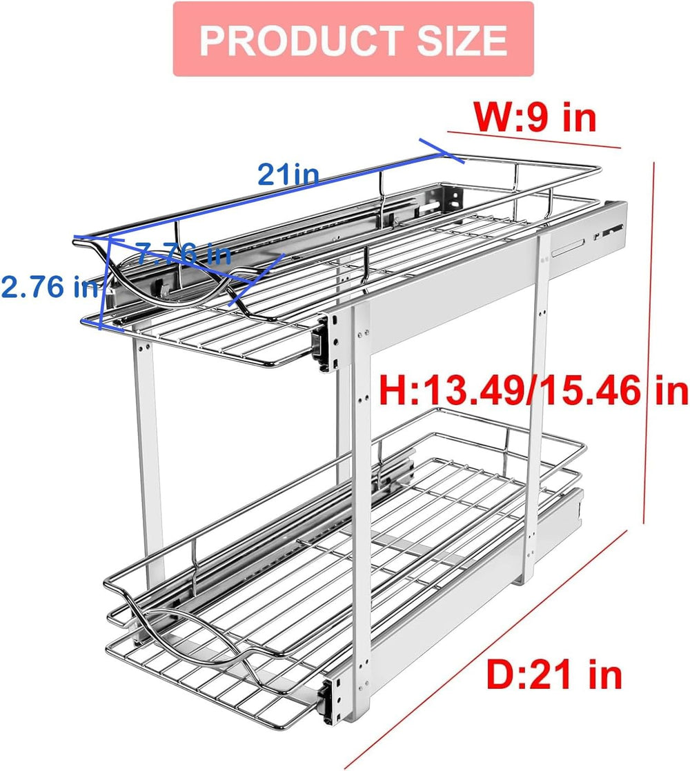 Sikarou Pull Out Cabinet Organizer 9"W 21"D 2-Tier Slide Out Storag...