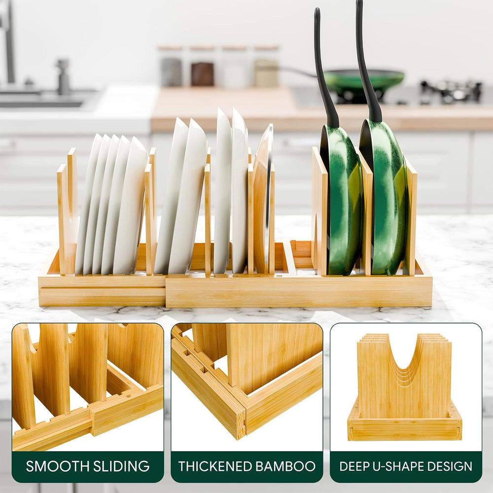 Simple Trending Bamboo Pot and Pan Organizer, Expandable Lid Holder Rack