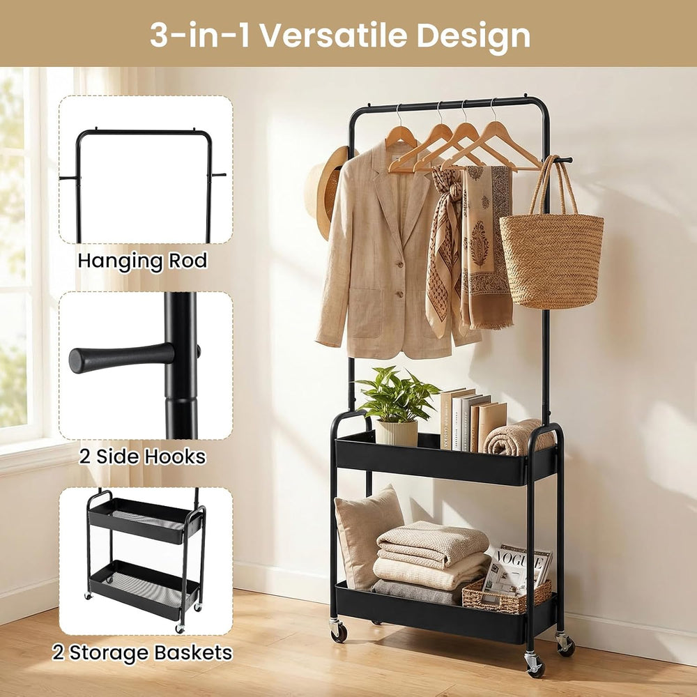 LDAILY Small Rolling Clothes Rack, Heavy Duty Clothing Rack with 2 Baskets, 4...