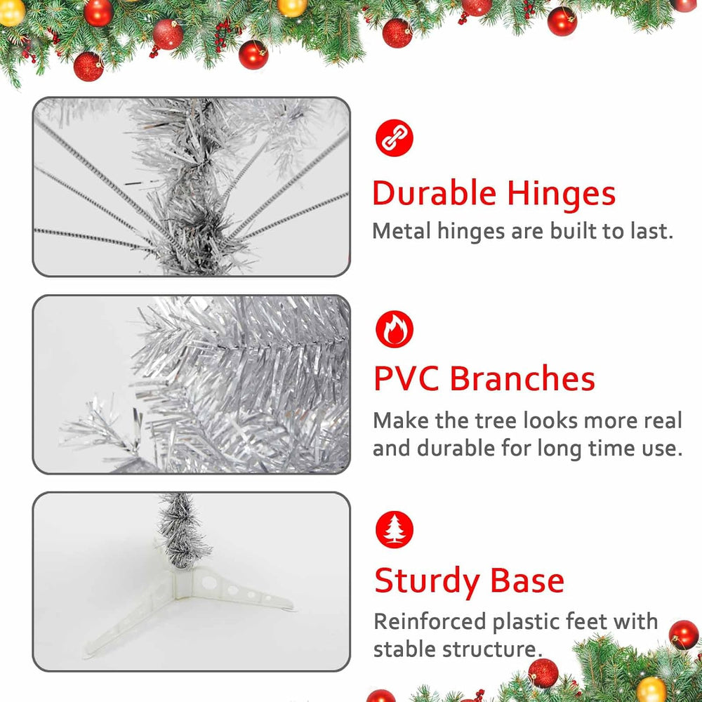 Silver Christmas Tree, 6ft Artificial Tinsel Christmas Tree for Home Decorati...
